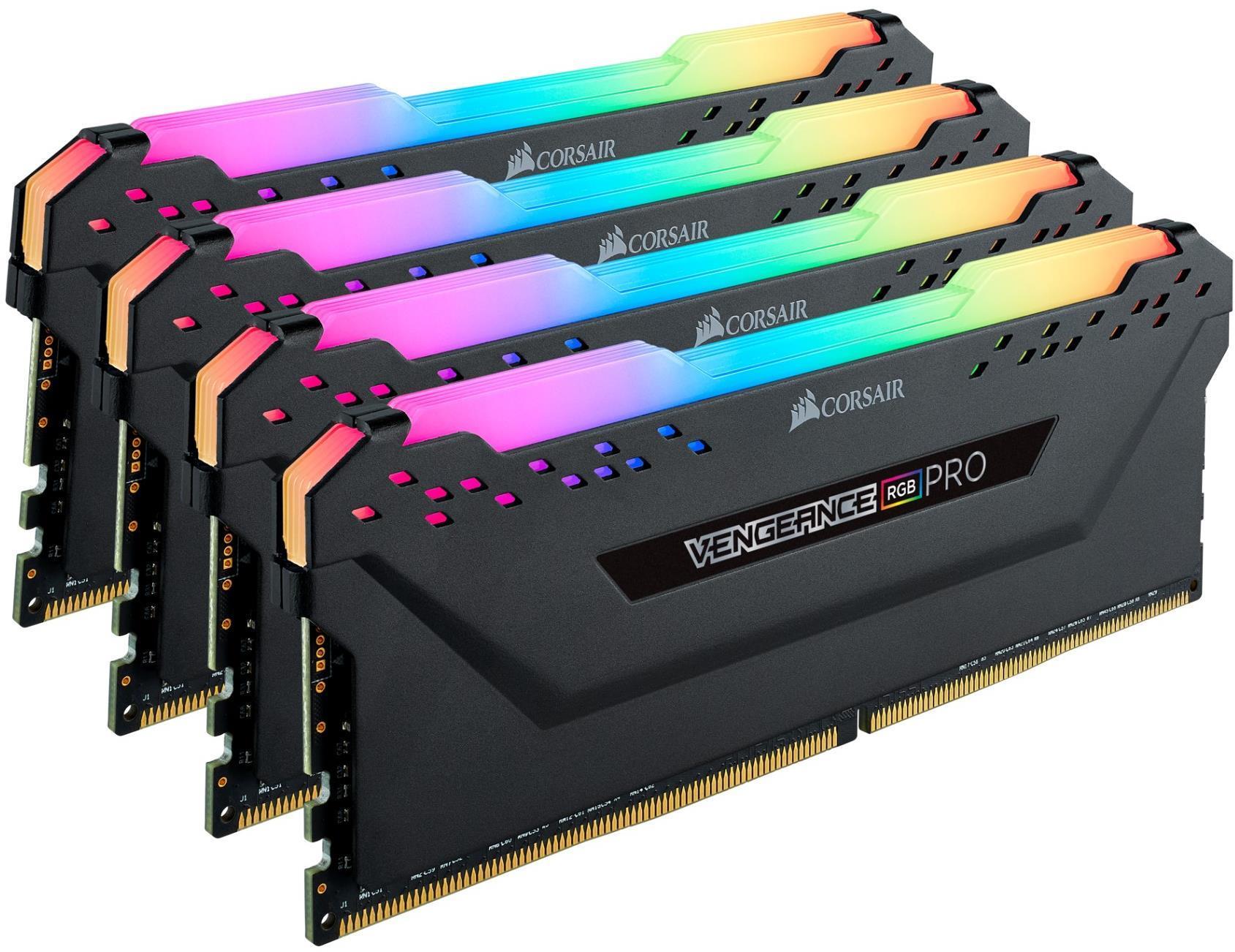 Vier mit Regenbogenfarben verzierte RAM-Blöcke mit der Produktbezeichnung Vengeance RGB 16 GB DDR4 DRAM 3000 MHz von Corsair